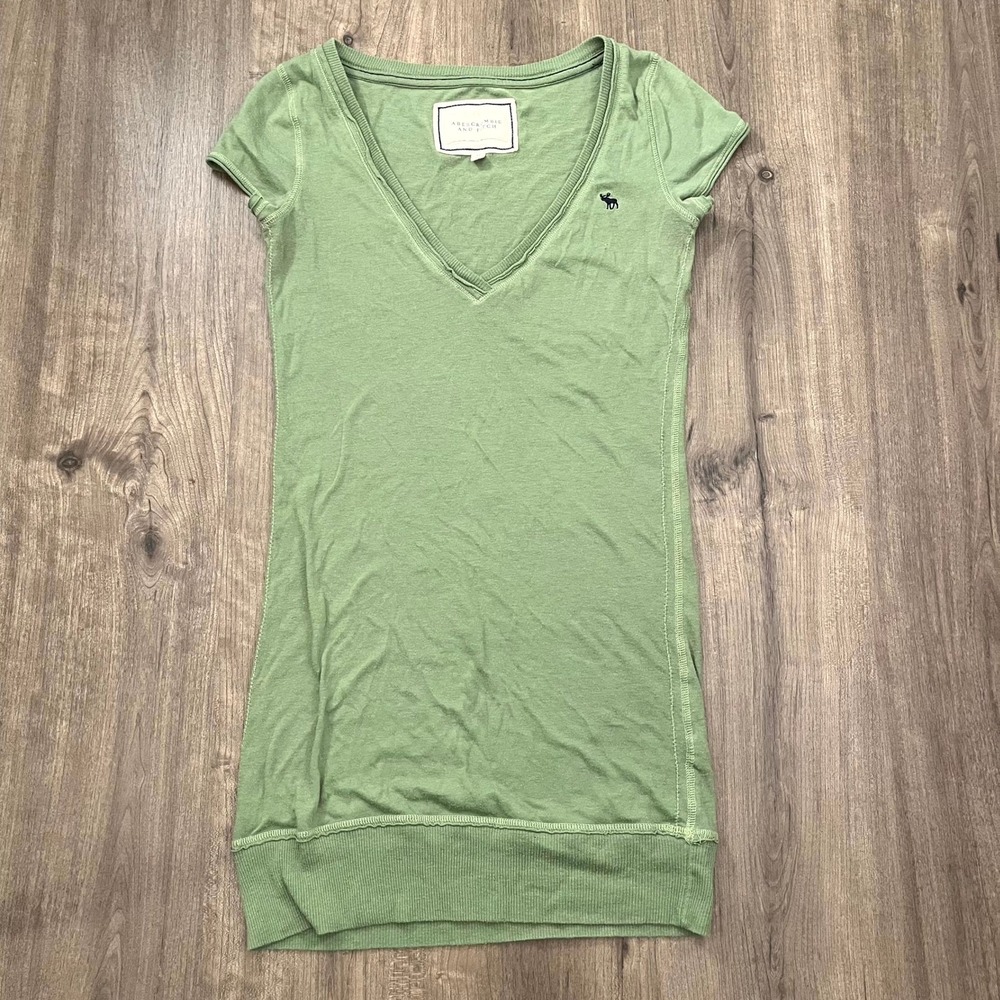 Y2k Abercrombie & Fitch T-Shirt Green V-Neck Longline Moose Logo Medium